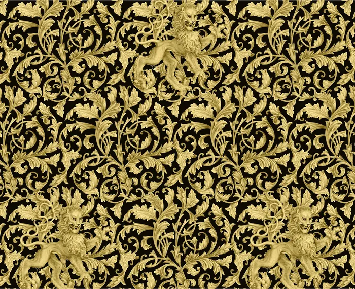Golden lion and vine pattern on black background by Svetlana Molodchenko