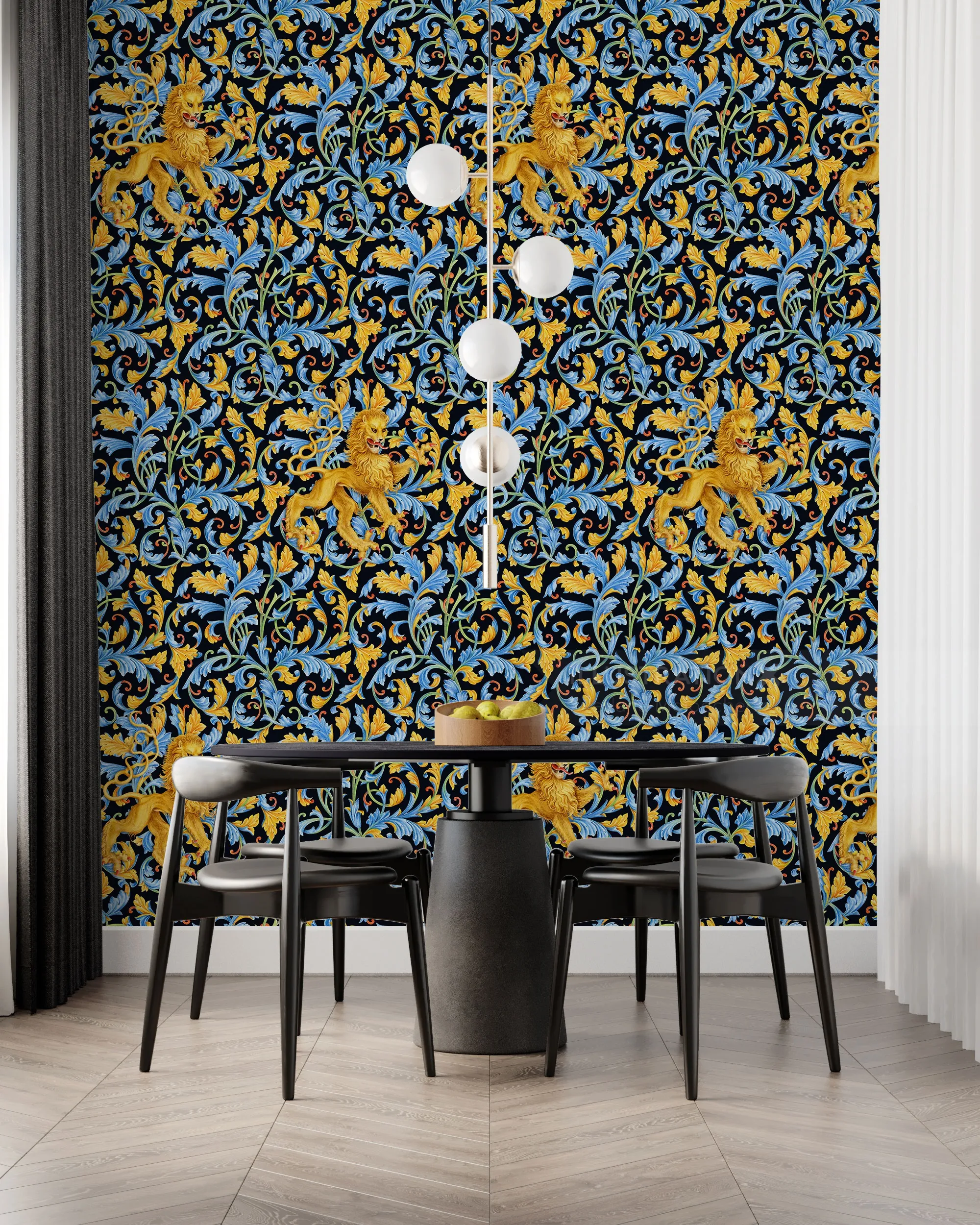 Modern dining room with blue and gold patterned wallpaper by Svetlana Molodchenko