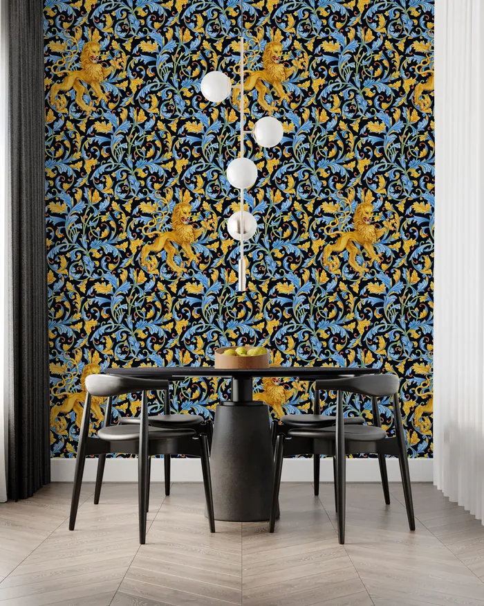 Modern dining room with blue and gold patterned wallpaper by Svetlana Molodchenko