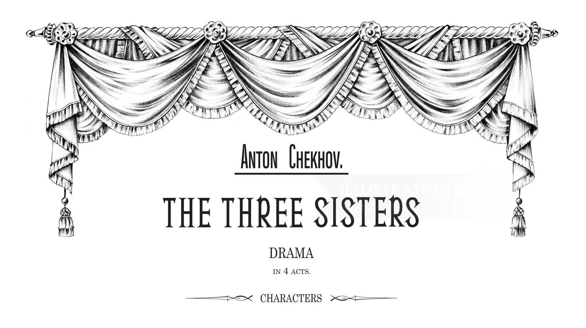 Title page of Anton Chekhov's play The Three Sisters with decorative curtains