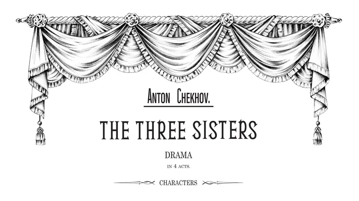 Title page of Anton Chekhov's play The Three Sisters with decorative curtains
