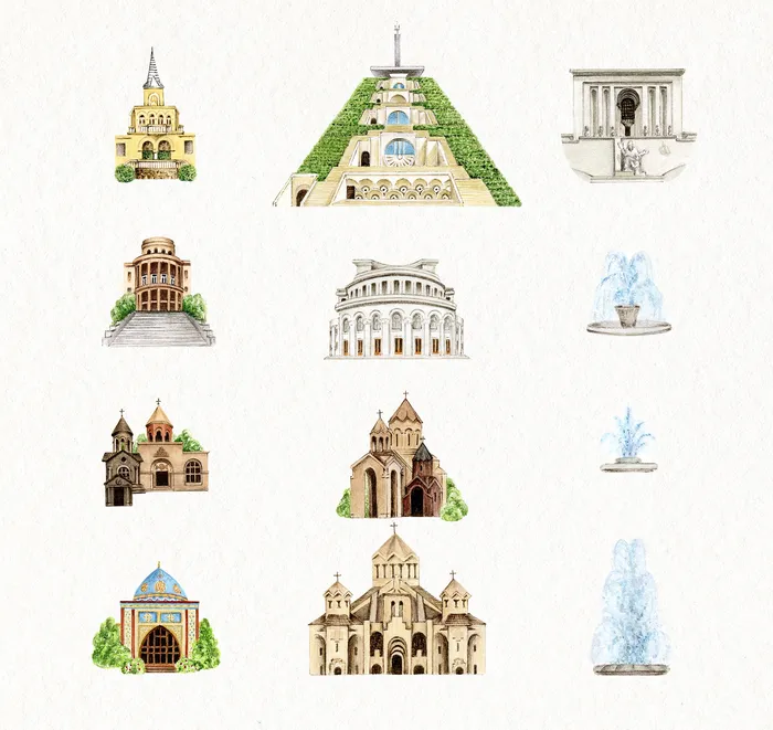 Watercolour illustrations for Yerevan’s map miniatures