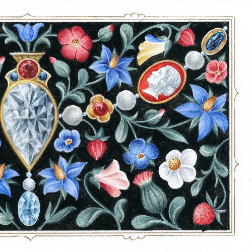 Decorative floral and gemstone banner with black background