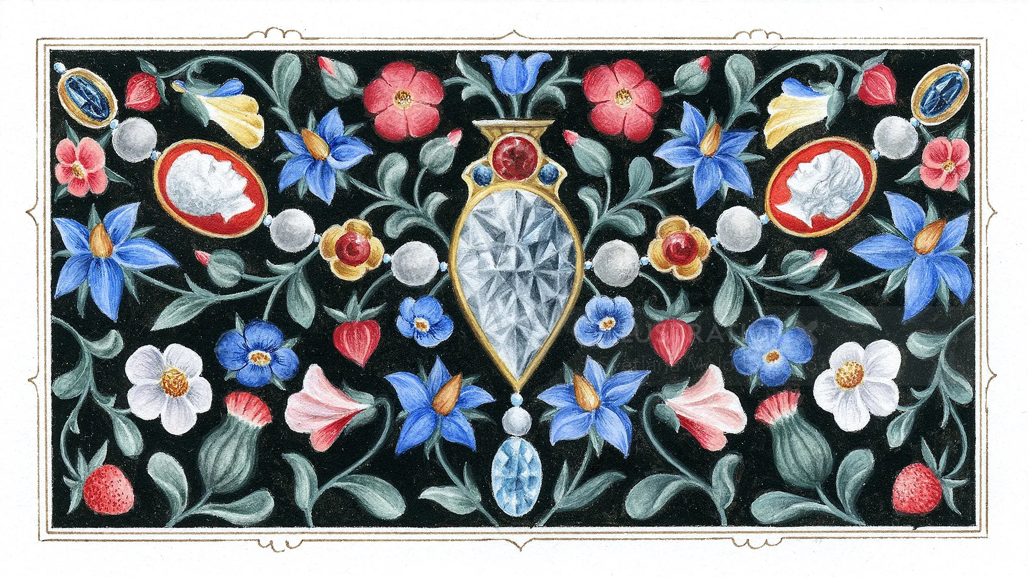 Decorative floral and gemstone banner with black background