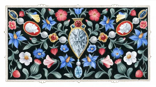 Decorative floral and gemstone banner with black background