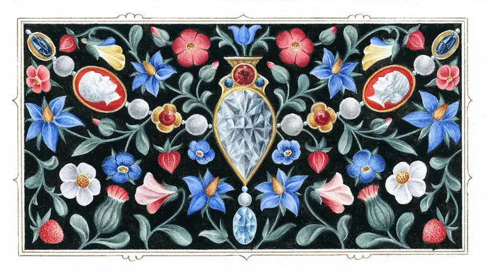 Decorative floral and gemstone banner with black background