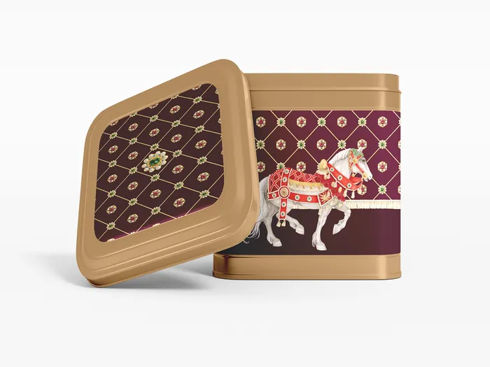 Decorative packaging box with horse illustration and geometric pattern