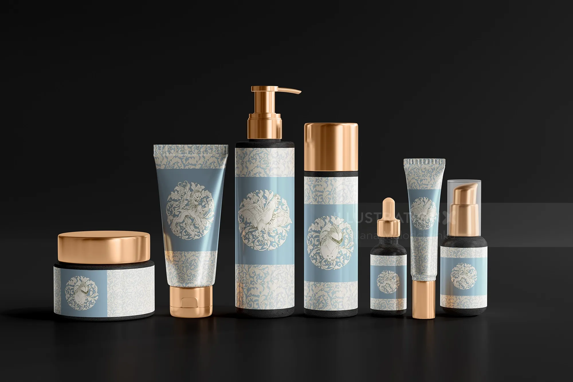 Luxury skincare product packaging set with gold and blue accents