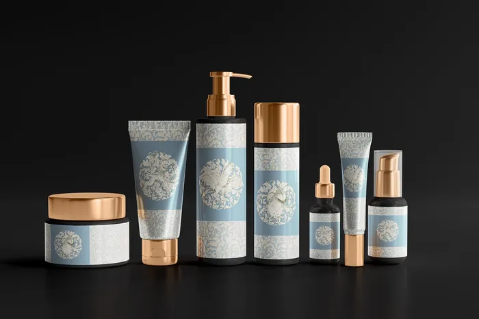 Luxury skincare product packaging set with gold and blue accents