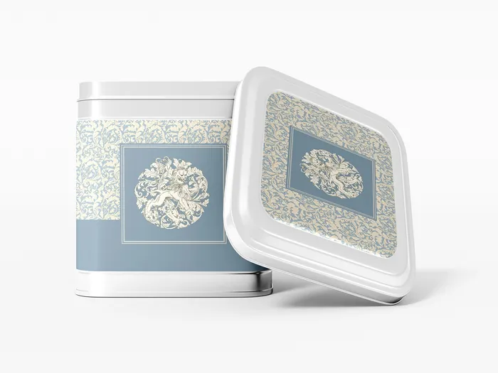 White square container with decorative blue and white floral design