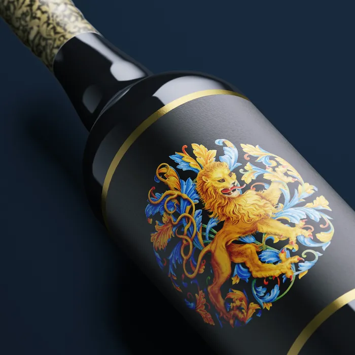 Wine bottle with ornate lion crest packaging design