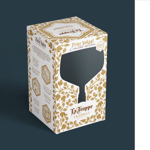 Decorative box and glass for Three Rules brand with gold accents
