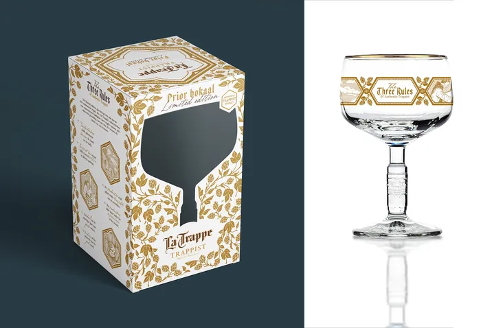 Decorative box and glass for Three Rules brand with gold accents