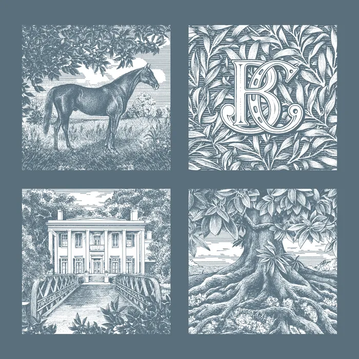 Four vintage illustrations including a horse, monogram, mansion, and tree roots