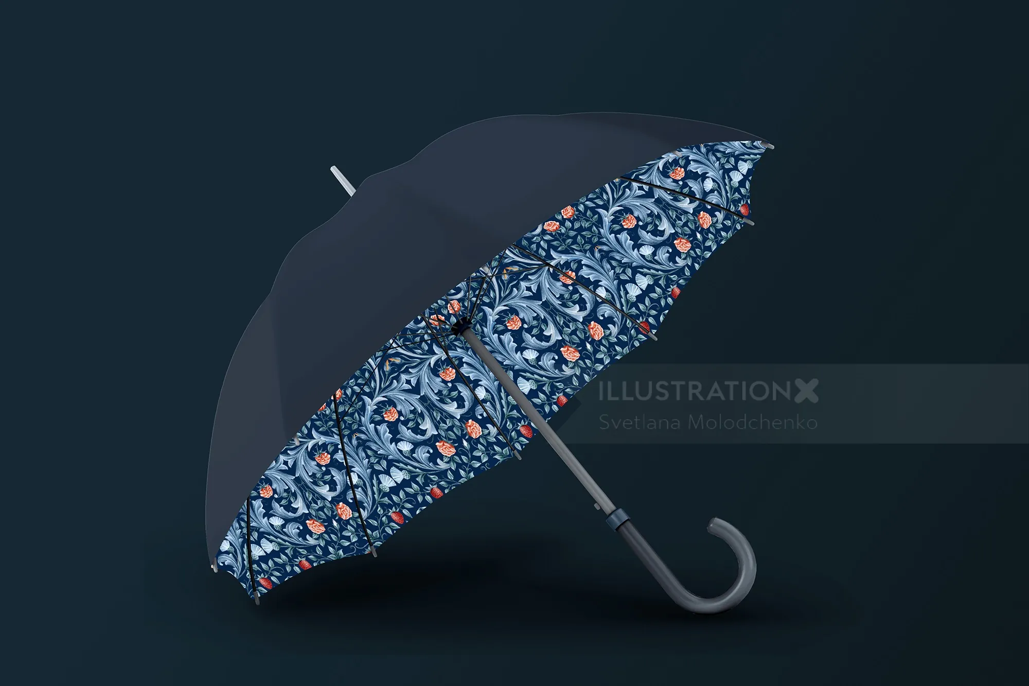 Black umbrella showing floral patterned inside against dark background