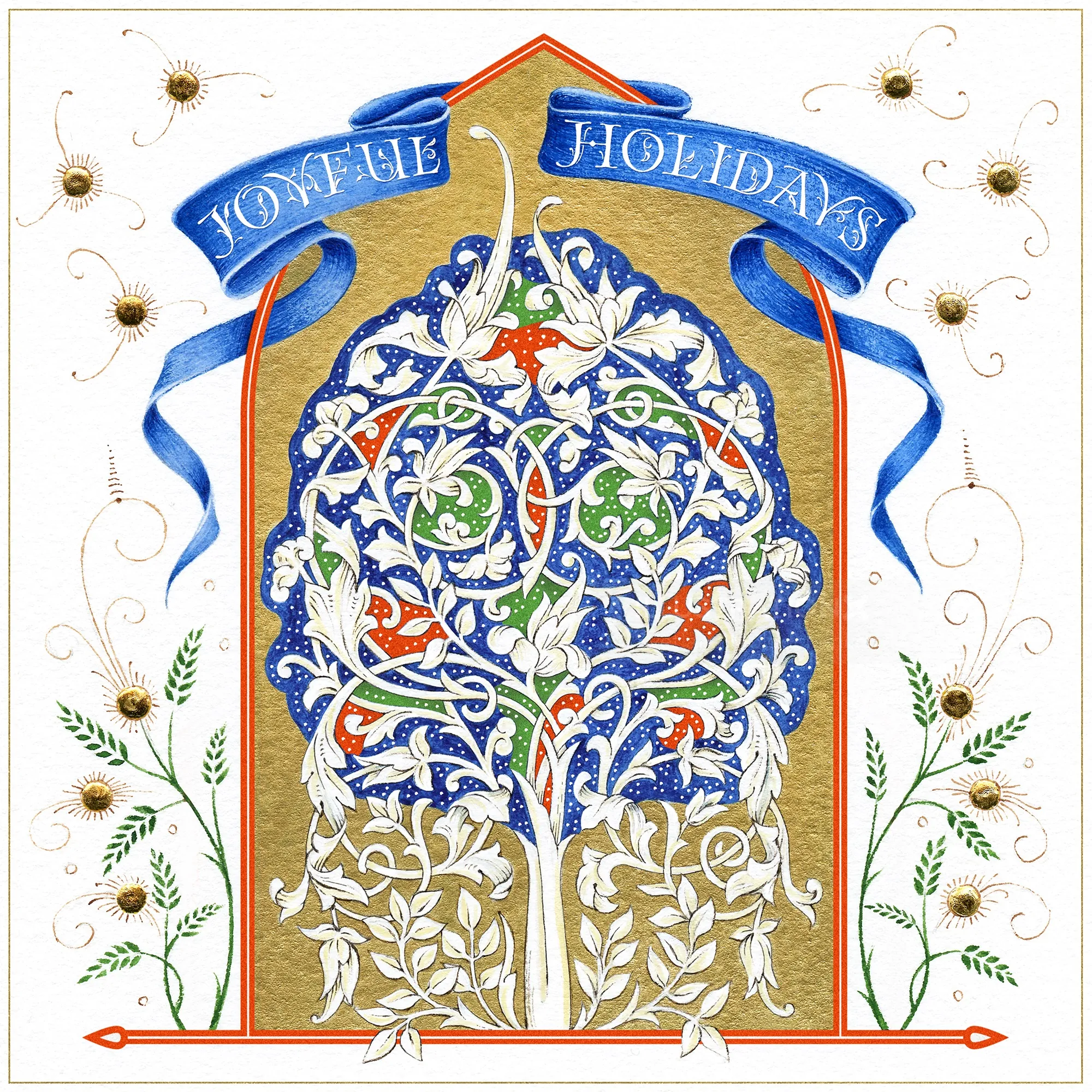 Ornate holiday card with blue banner and decorative floral design