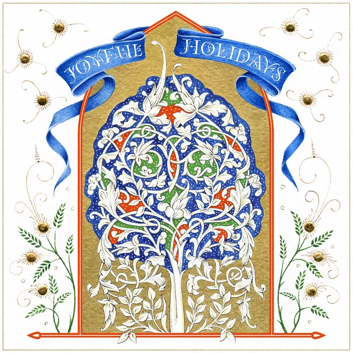 Ornate holiday card with blue banner and decorative floral design