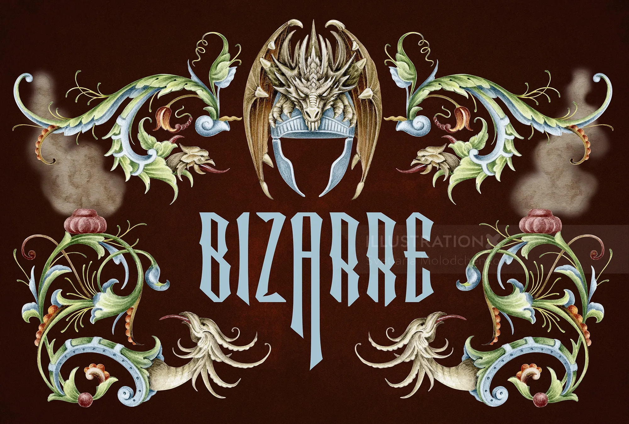 Ornate decorative design with dragon and floral elements around the word Bizarre