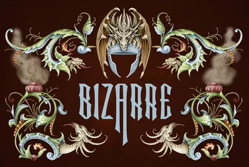 Ornate decorative design with dragon and floral elements around the word Bizarre