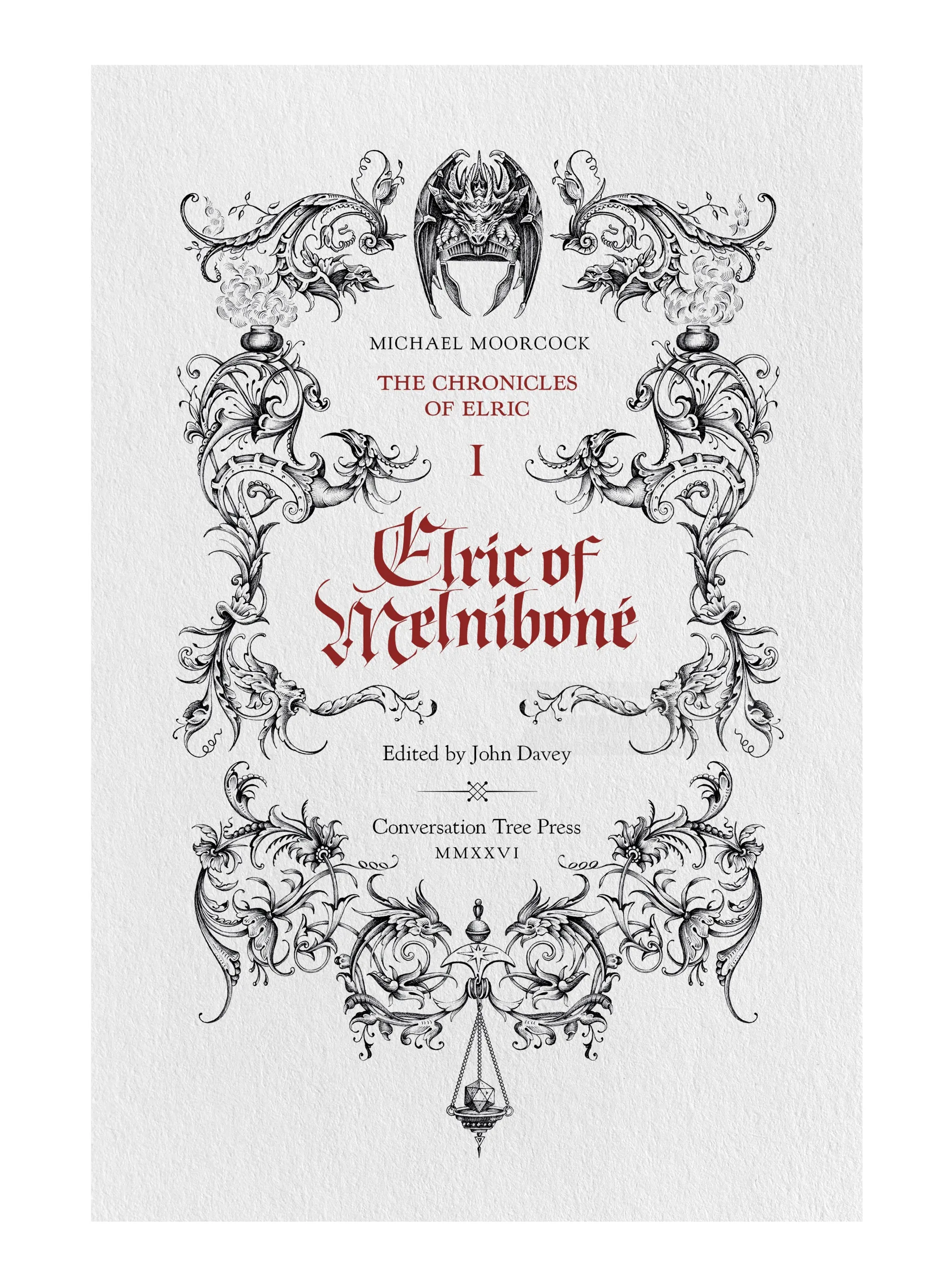 Cover of Chronicles of Elric book with ornate black floral designs