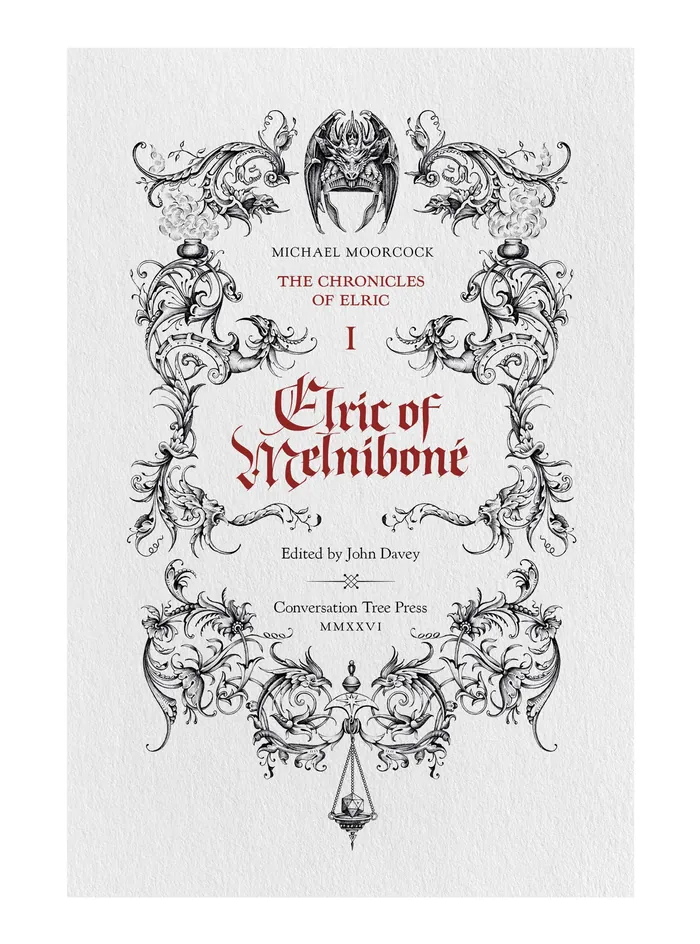 Cover of Chronicles of Elric book with ornate black floral designs