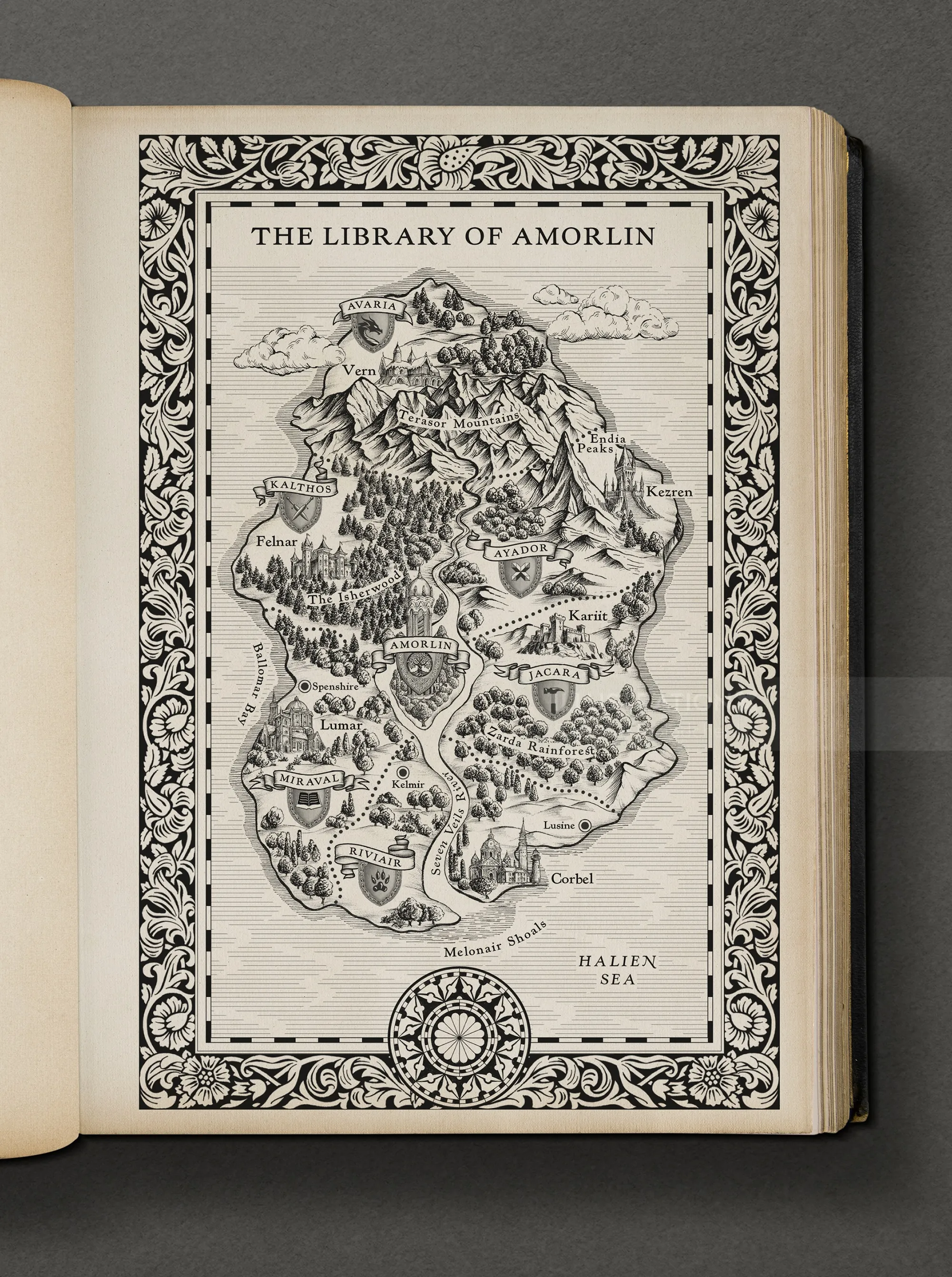 Intricate black and white map titled The Library of Amorlin by Svetlana Molodchenko