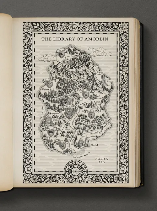 Intricate black and white map titled The Library of Amorlin by Svetlana Molodchenko