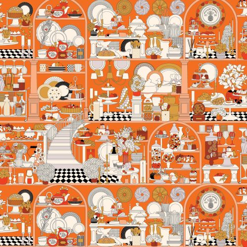Pattern of kitchenware and tableware in warm tones by Svetlana Molodchenko