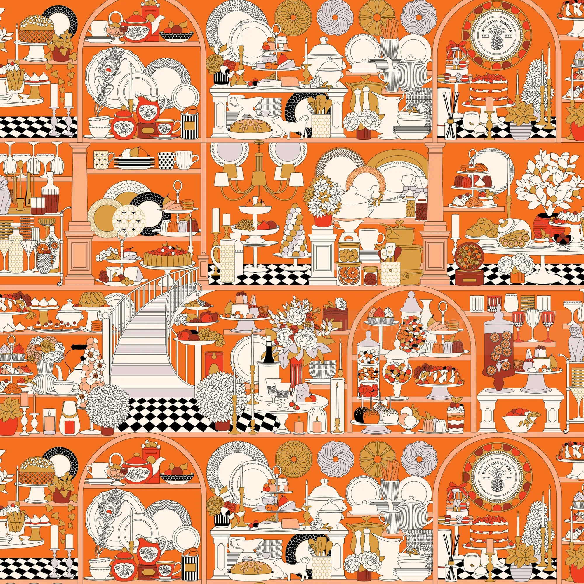 Pattern of kitchenware and tableware in warm tones by Svetlana Molodchenko