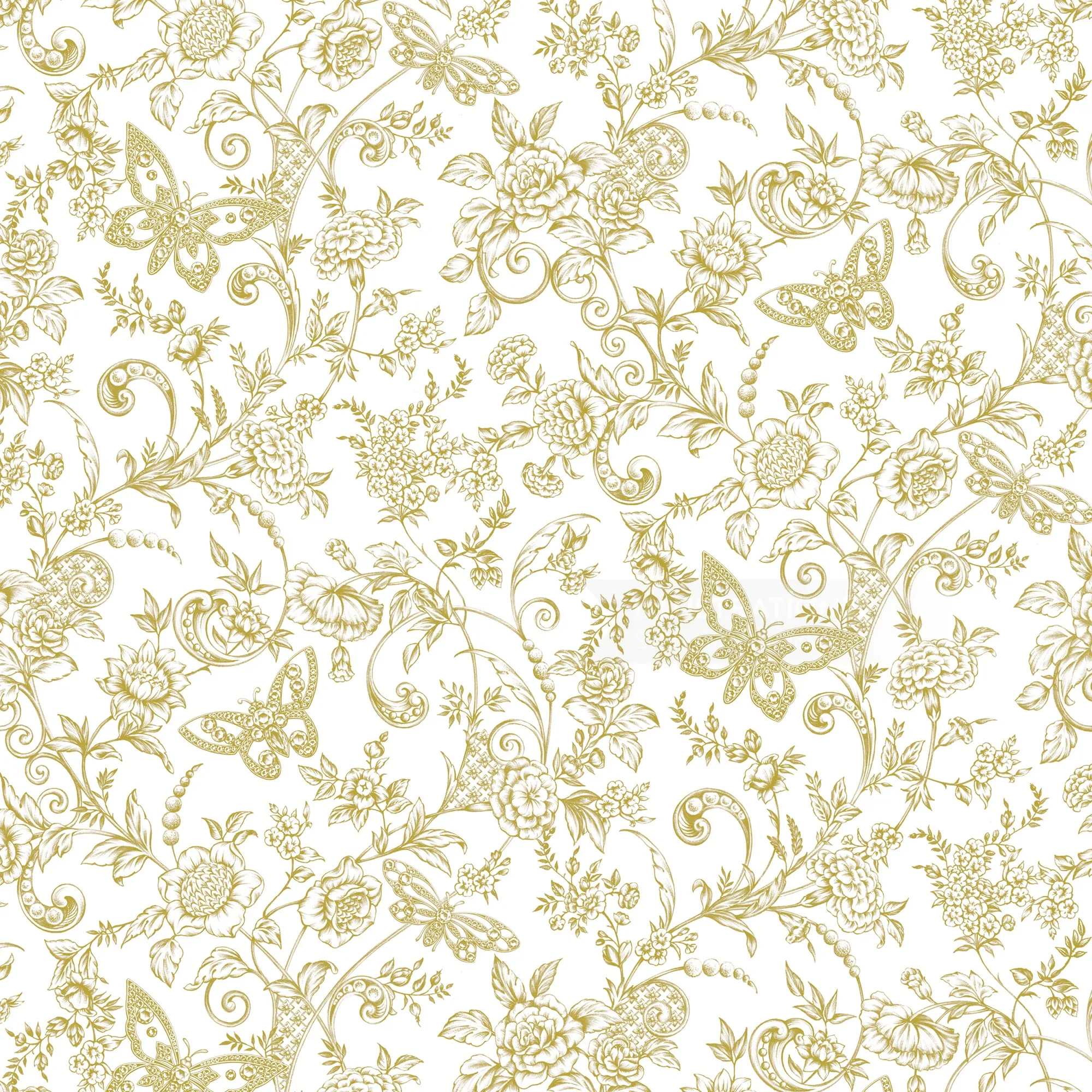 Gold butterfly and floral pattern on white background by Svetlana Molodchenko