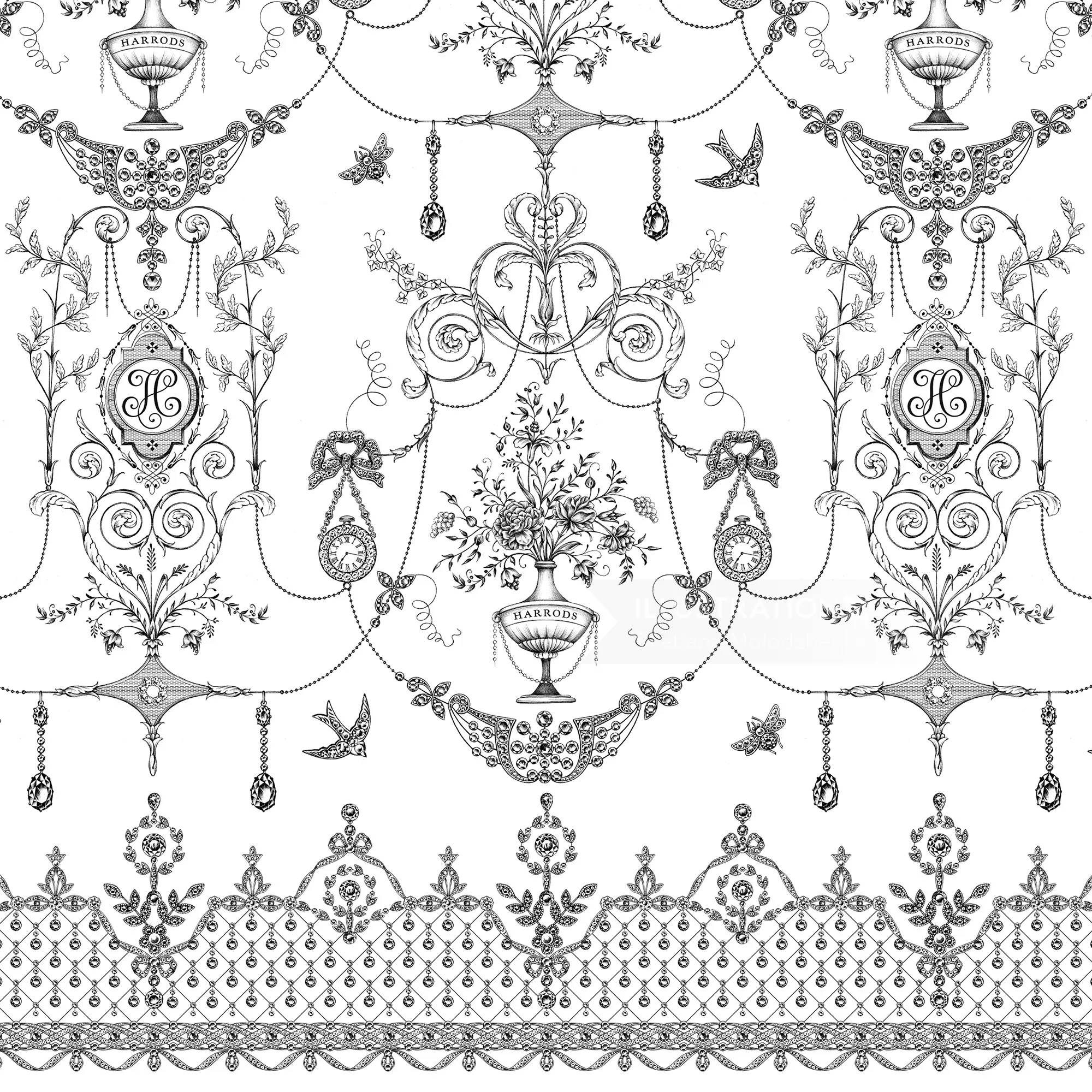 Black and white lace print with floral and ornamental designs by Svetlana Molodchenko