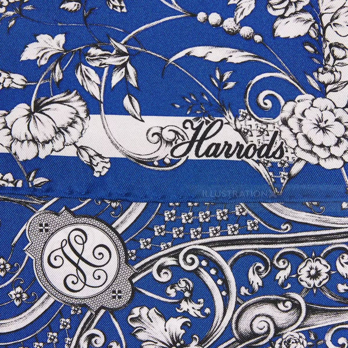 Blue and white Harrods fabric detailed with floral pattern by Svetlana Molodchenko