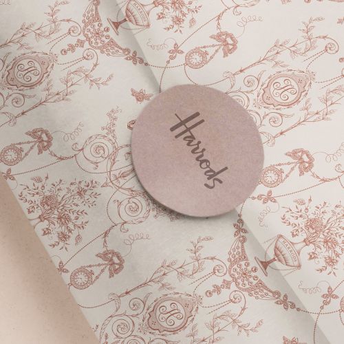 Harrods tissue paper with floral patterns and logo sticker by Svetlana Molodchenko