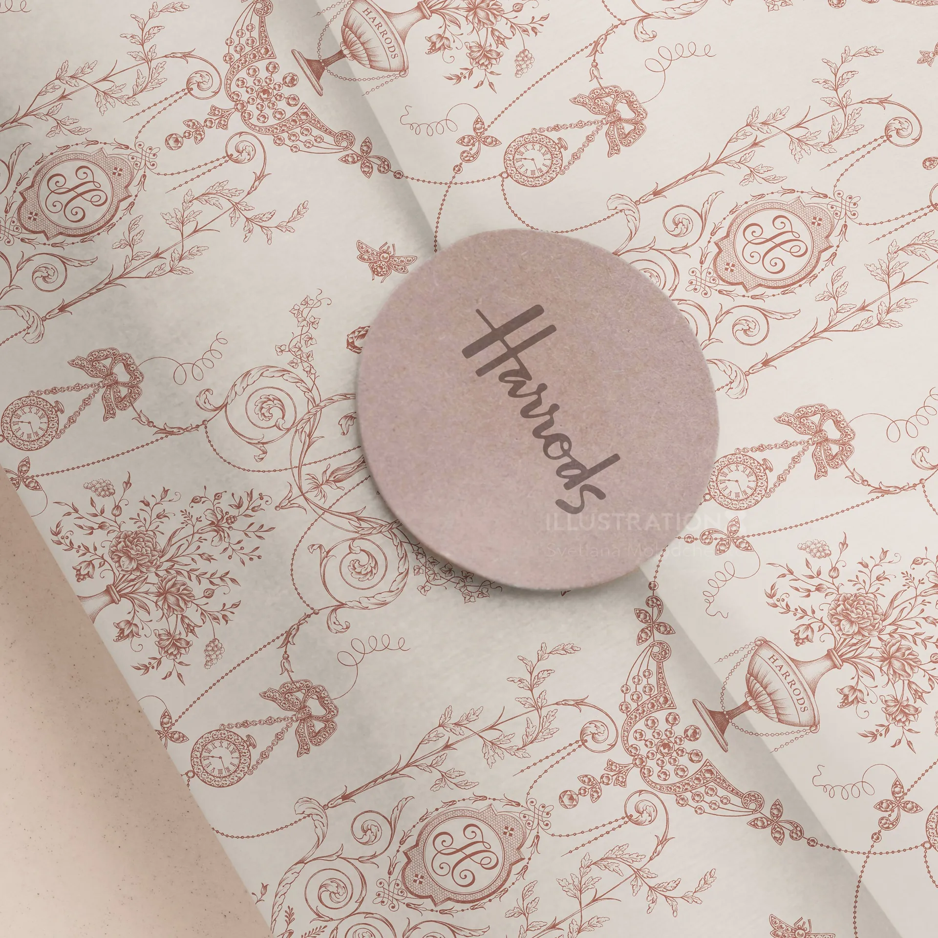 Harrods tissue paper with floral patterns and logo sticker by Svetlana Molodchenko
