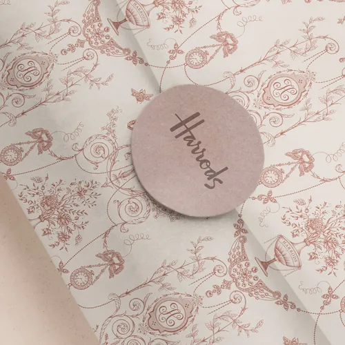 Harrods tissue paper with floral patterns and logo sticker by Svetlana Molodchenko