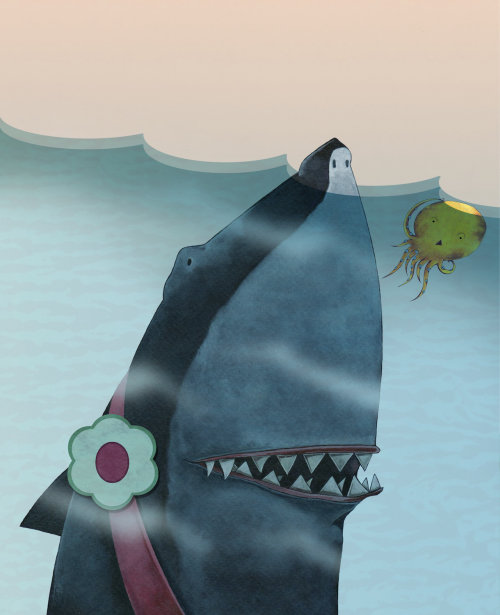 Ilustración abstracta de tiburón y pulpo