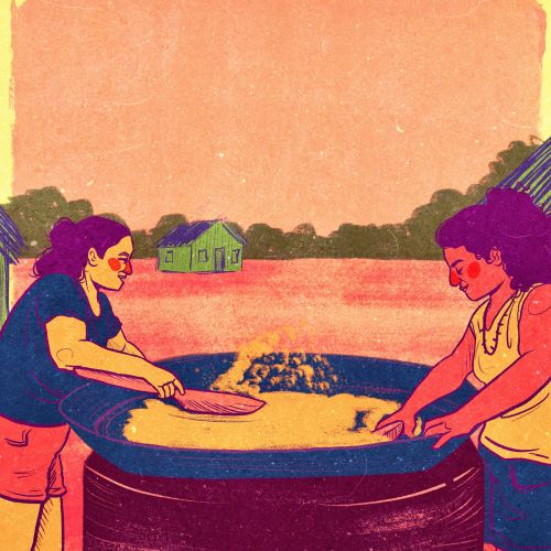 Two women preparing food together outdoors in a rural setting by Tai