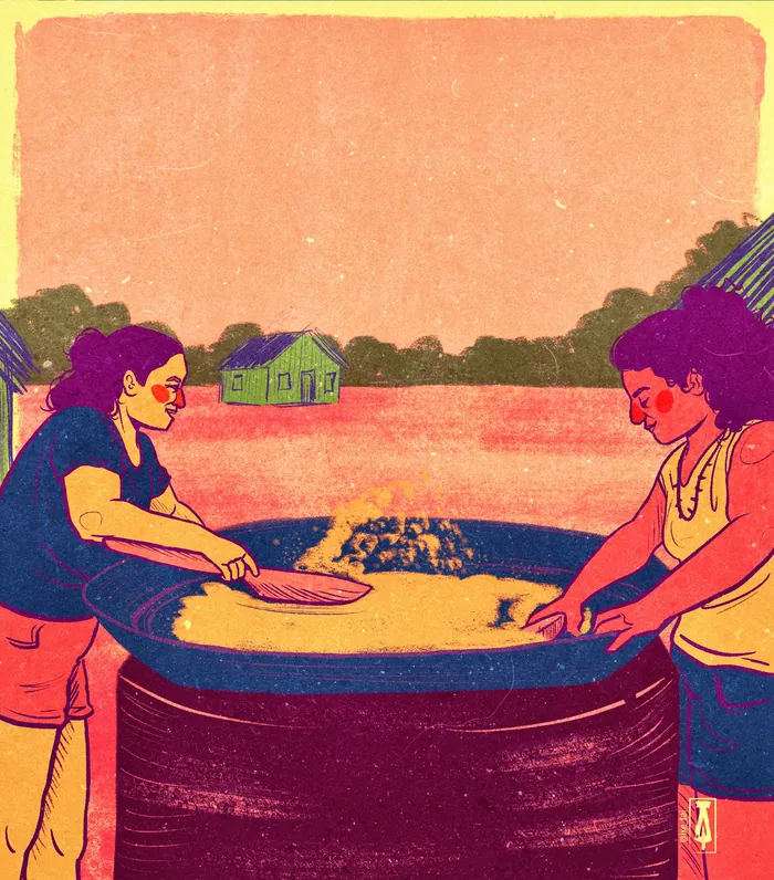 Two women preparing food together outdoors in a rural setting by Tai