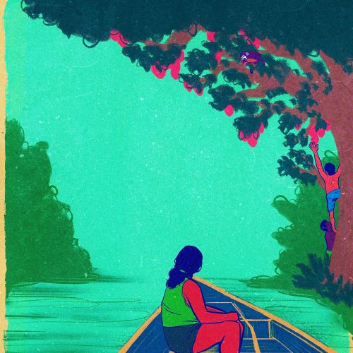 Person in green shirt paddling canoe on a calm river under tree canopy, by Tai