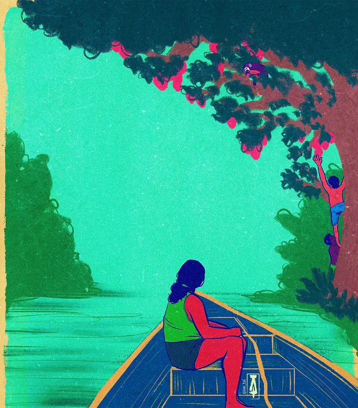 Person in green shirt paddling canoe on a calm river under tree canopy, by Tai