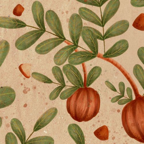 Grendha botanical pattern with green leaves and brown fruit by Tai