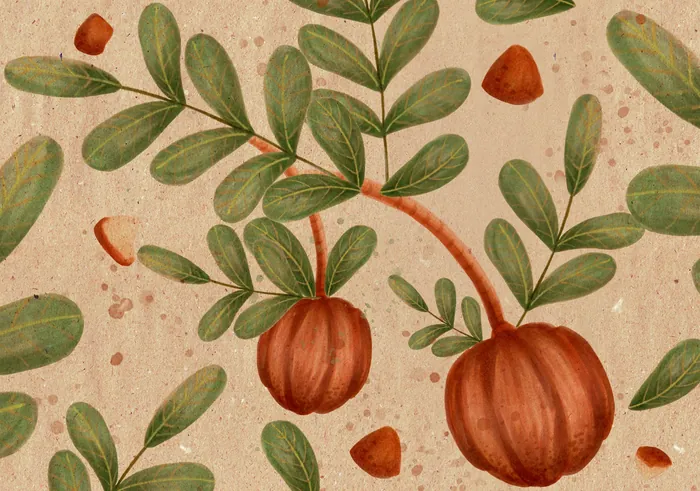 Grendha botanical pattern with green leaves and brown fruit by Tai