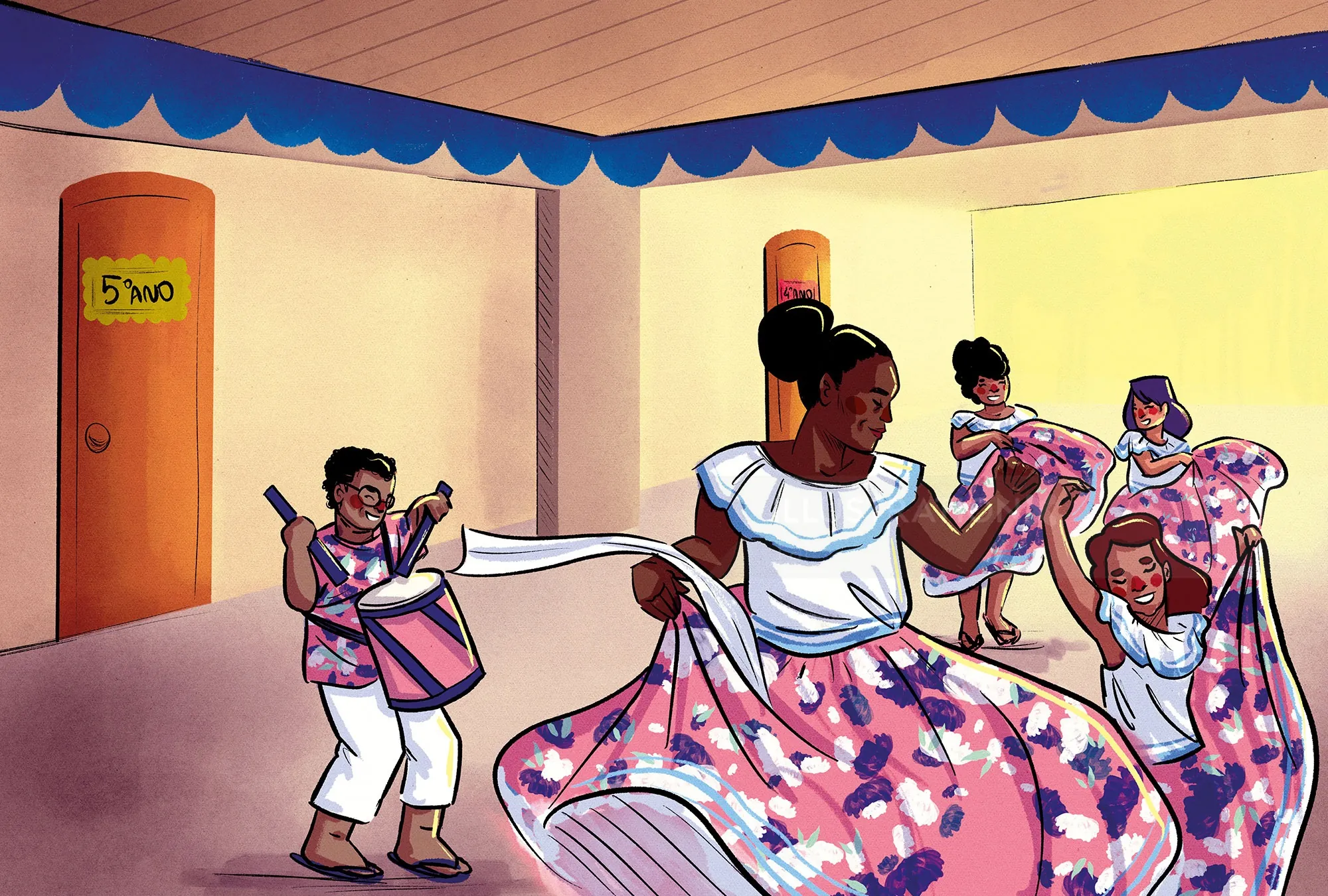Marabaixo dance performance by children in colorful dresses, artwork by Tai