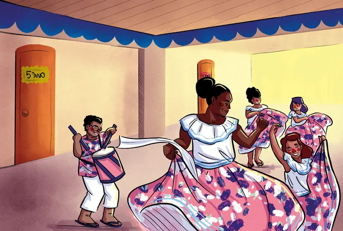 Marabaixo dance performance by children in colorful dresses, artwork by Tai