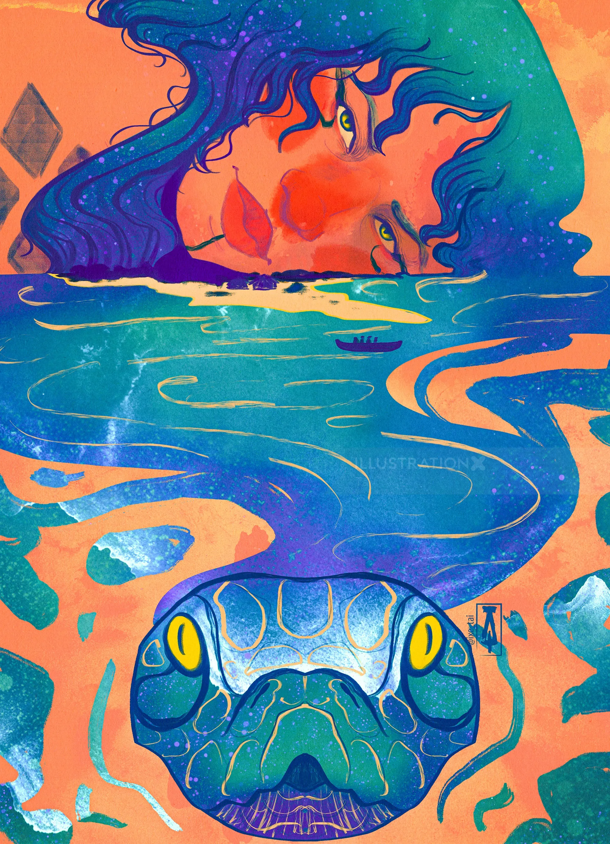 Surreal portrait of a woman with blue hair and reptile reflection by Tai