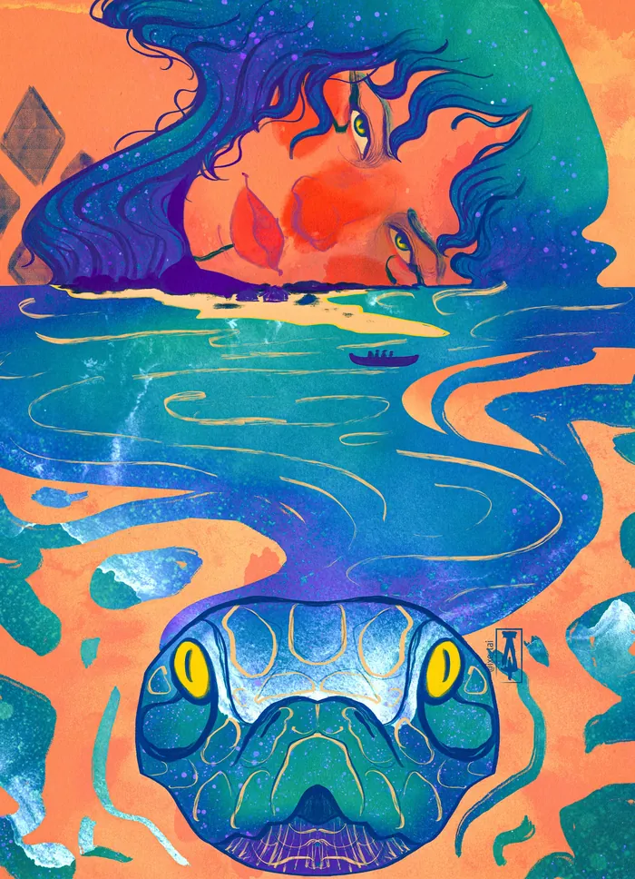 Surreal portrait of a woman with blue hair and reptile reflection by Tai