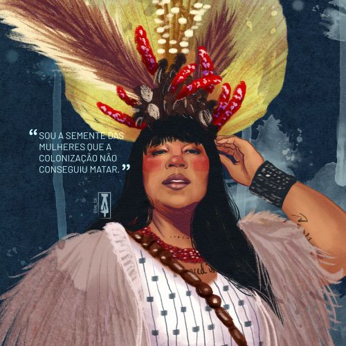 Indigenous woman with feathered headdress and traditional attire by Tai