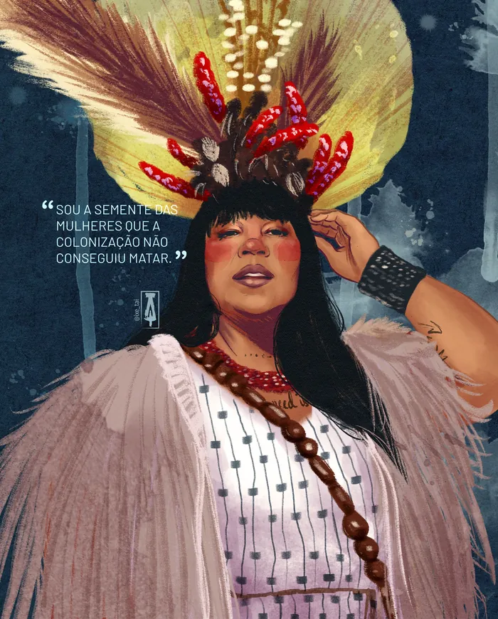 Indigenous woman with feathered headdress and traditional attire by Tai