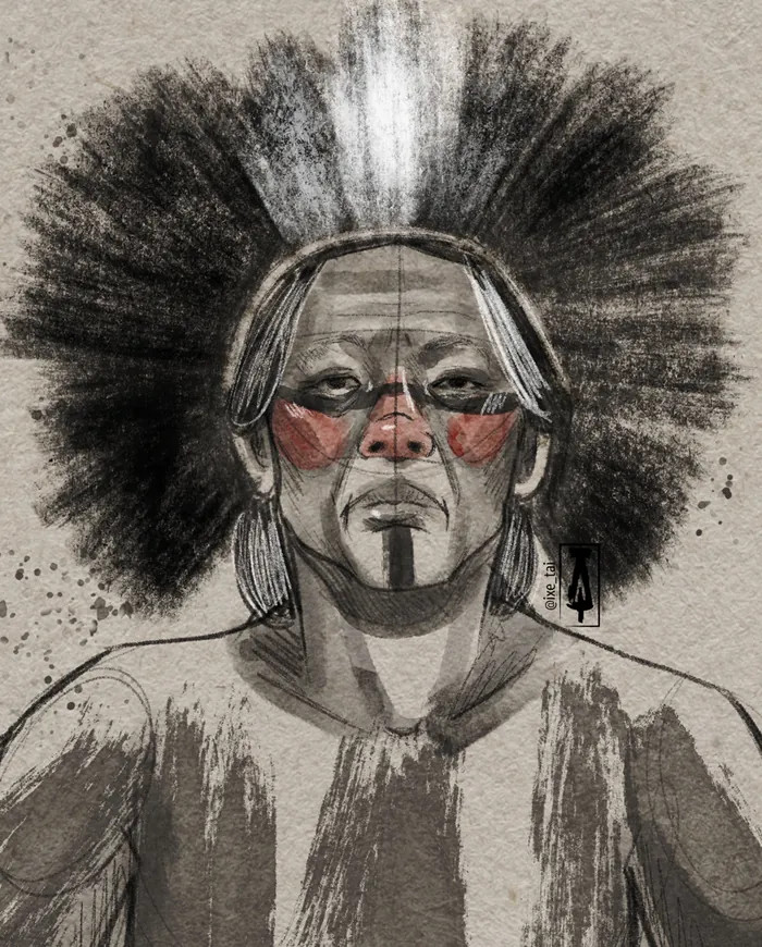 Portrait of Indigenous man with traditional face paint by Tai