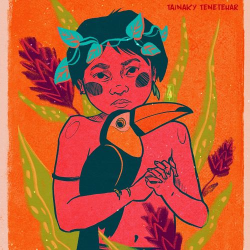 Illustration of an indigenous guardian holding a toucan, by Tai